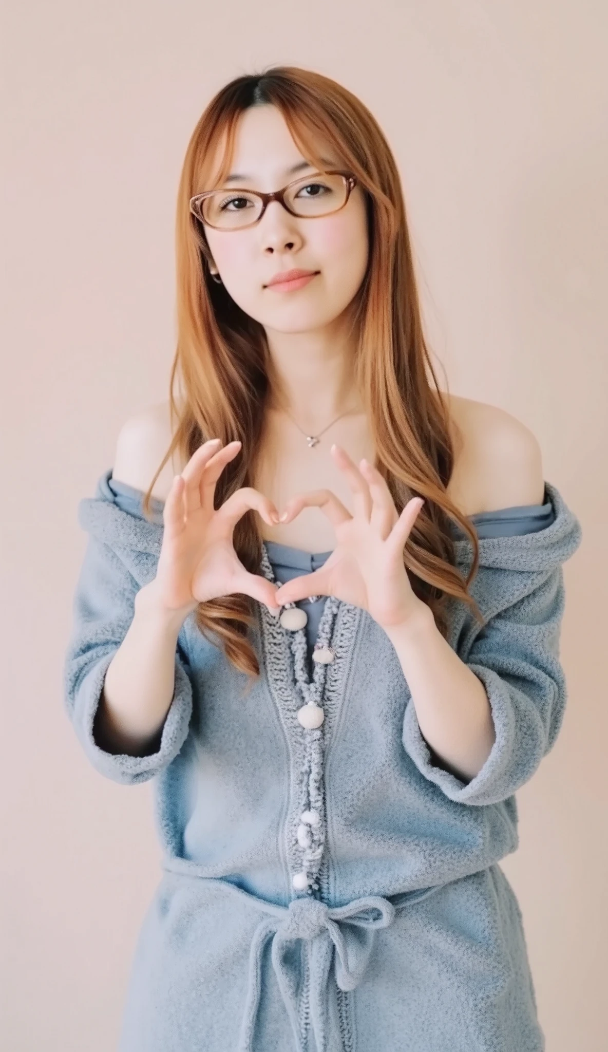 Only one woman with a cute smile wears cute, fluffy off-shoulder pajamas, makes a big heart shape with both hands, and poses them in front of her chest, View above collarbone、The background is a monotone 


