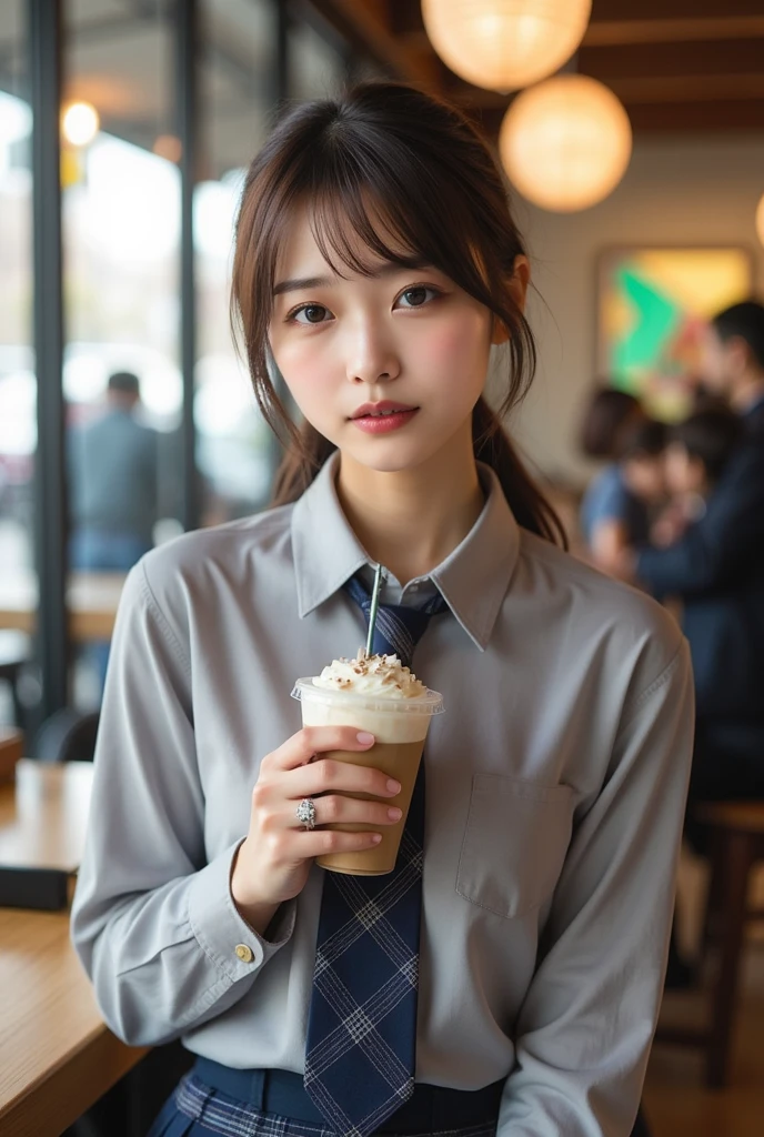 Perfect composition, Proper placement, Golden Ratio, masterpiece,  best quality,  Hi-Res,  one Japanese woman,  big beautiful Japanese woman on neon background, At a stylish famous chain cafe, She has a prappuccino:1.331,  Anatomically Correct 5-Finger ,  Prestigious Metropolitan High School Uniforms , Grey dress shirt:1.21, Line pattern tie:1.21,  navy plaid pleated mini skirt in a modern art gallery:1.21,  anatomically correct ratio :1.331,  has a small head :1.331, Slender body:1.331,  thin waist:1.331, Thin limbs:1.331,  flat chest:1.331, Brown Hair,  low ponytail hair, Anxious face, Movie Lighting, 