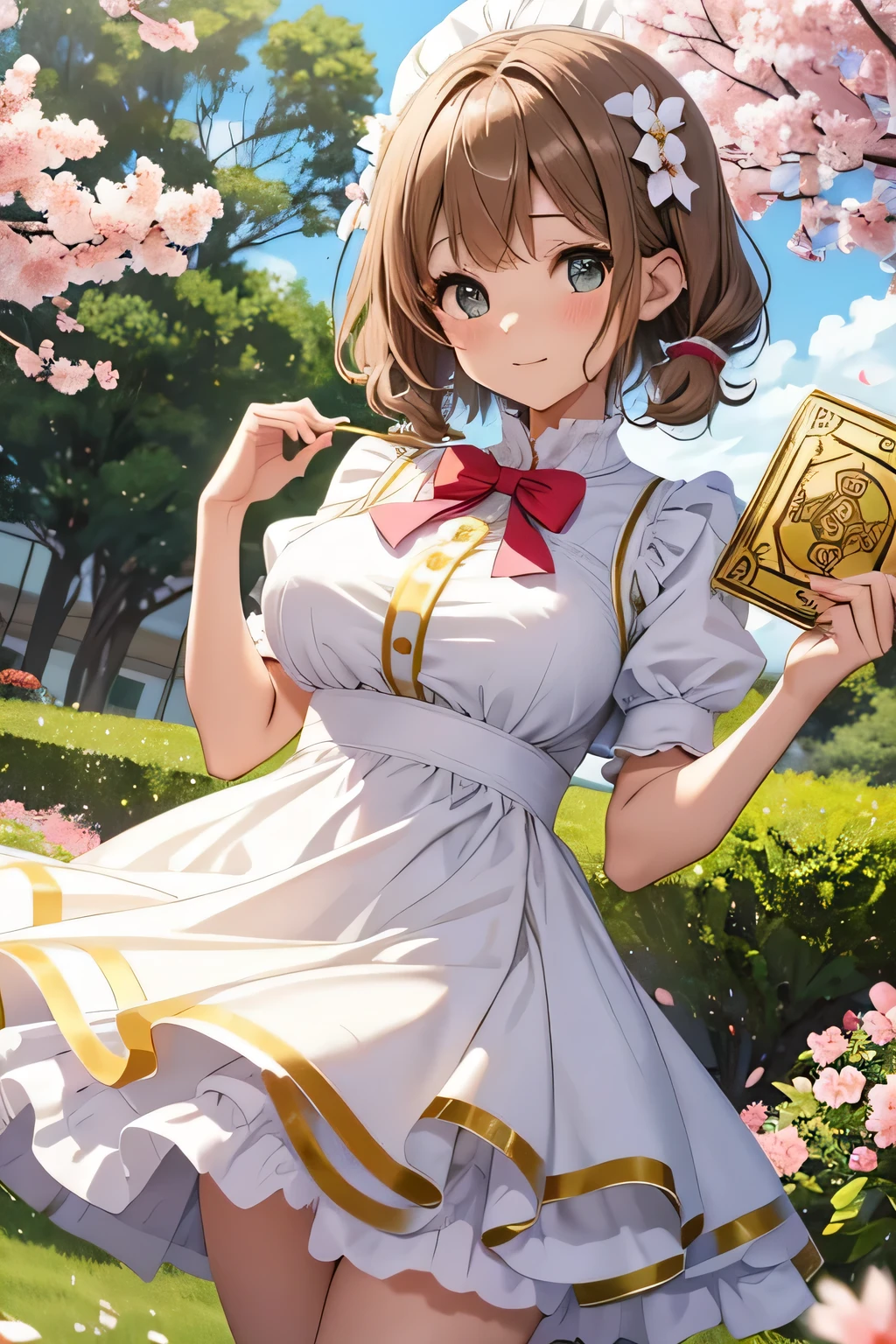 A Sakura girl _Kinomoto, short hair , light brown hair , two small pigtails, blushing, he would be, green eyes, white and gold dress , sexy dress with ruffles , large white and gold skirt , tight dress , pechos muy grandes, big boobs, Milf, tetas gigantes, marked neckline, hot, surrounded by sakura flowers , cloudy background, gray clouds behind her, holding a giant gold tarot card with the printed image of a gold-colored brownie, perfect hands , perfect eyes , best resolution , 8K,
