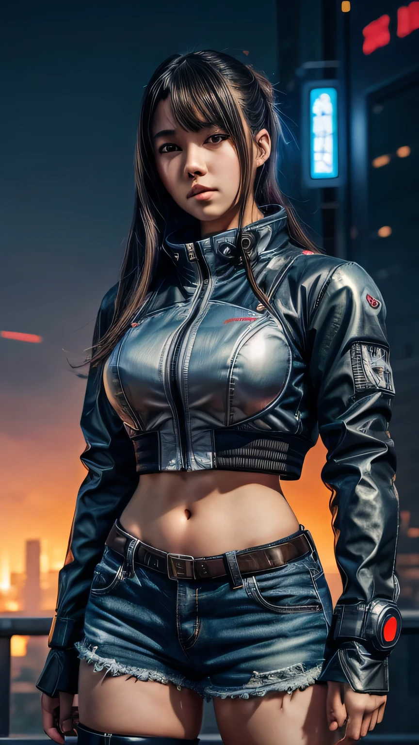 Anime Girl in Shorts and Jacket Standing Next to a Giant Robot、Gwaizのスタイルのアートワーク、 Cyberpunk Anime Girl Mecha 、Trending on CGSAT 、Gwaiz、 Russell Dongjun Lu 、Digital cyberpunk anime art、Rostran 8 K、Artstation Pixivのグワイツ、 Girl in Mecha Cyber Armor , ((( upper body portrait ))), Moving Poses