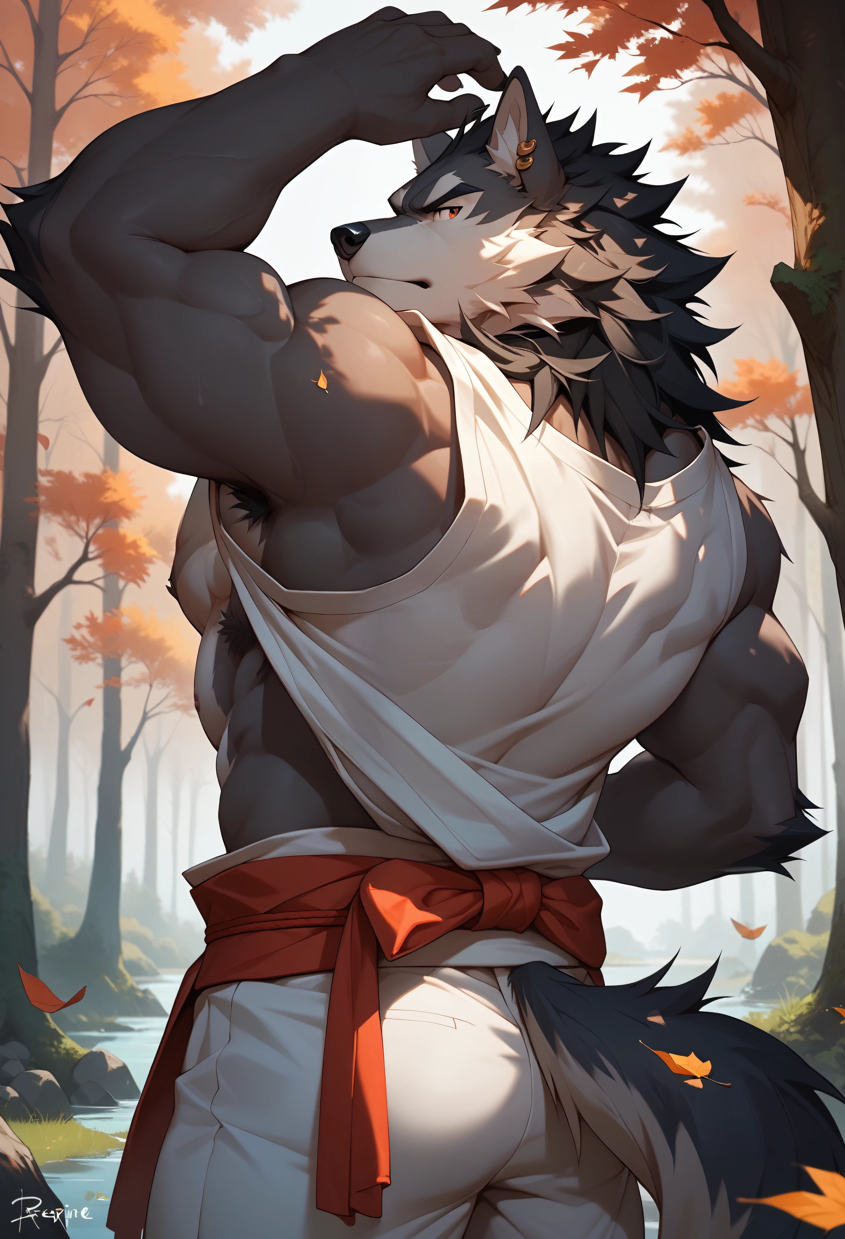 furry, furry male, male focus, tail, 1 boy (:2.1), wolf, hairy wolf, short haired, man, muscular, black hair, black skin,White samurai pants, earrings, red maple leaf, woods, muscular adult male, smooth (:1.5), serious gaze (:1.6)，With their backs to，Raise a hand，perspire，Next to the spring，Exposed armpits，Strong back muscles，No axillary hair，Black mane