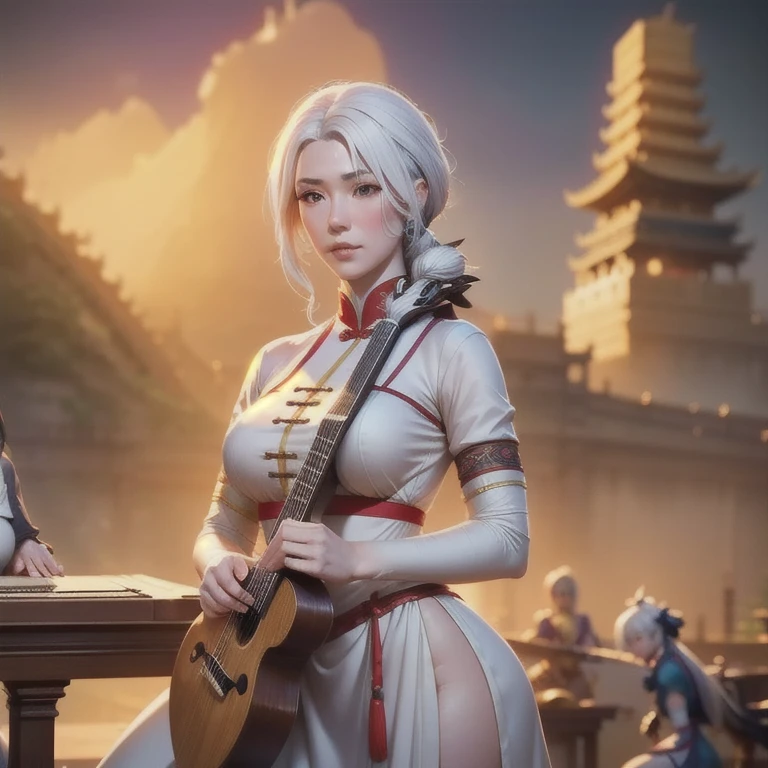 two girls, One holds a piano ,  A girl holds a lute, white hair, Fantasia Xianxia, Social popularity CG, Chinese tower, Prospect fluctuates , scattered hair, motion blur,  Cinematic lighting ,  Blurred foreground ,  Motion Lines ,  tall details, 16k,  highres icon,  textured skin ,  Super detail