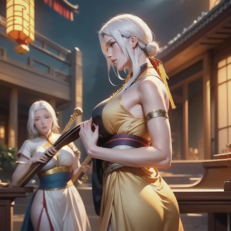 two girls, One holds a piano ,  A girl holds a lute, white hair, Fantasia Xianxia, Social popularity CG, Chinese tower, Prospect fluctuates , scattered hair, motion blur,  Cinematic lighting ,  Blurred foreground ,  Motion Lines ,  tall details, 16k,  highres icon,  textured skin ,  Super detail