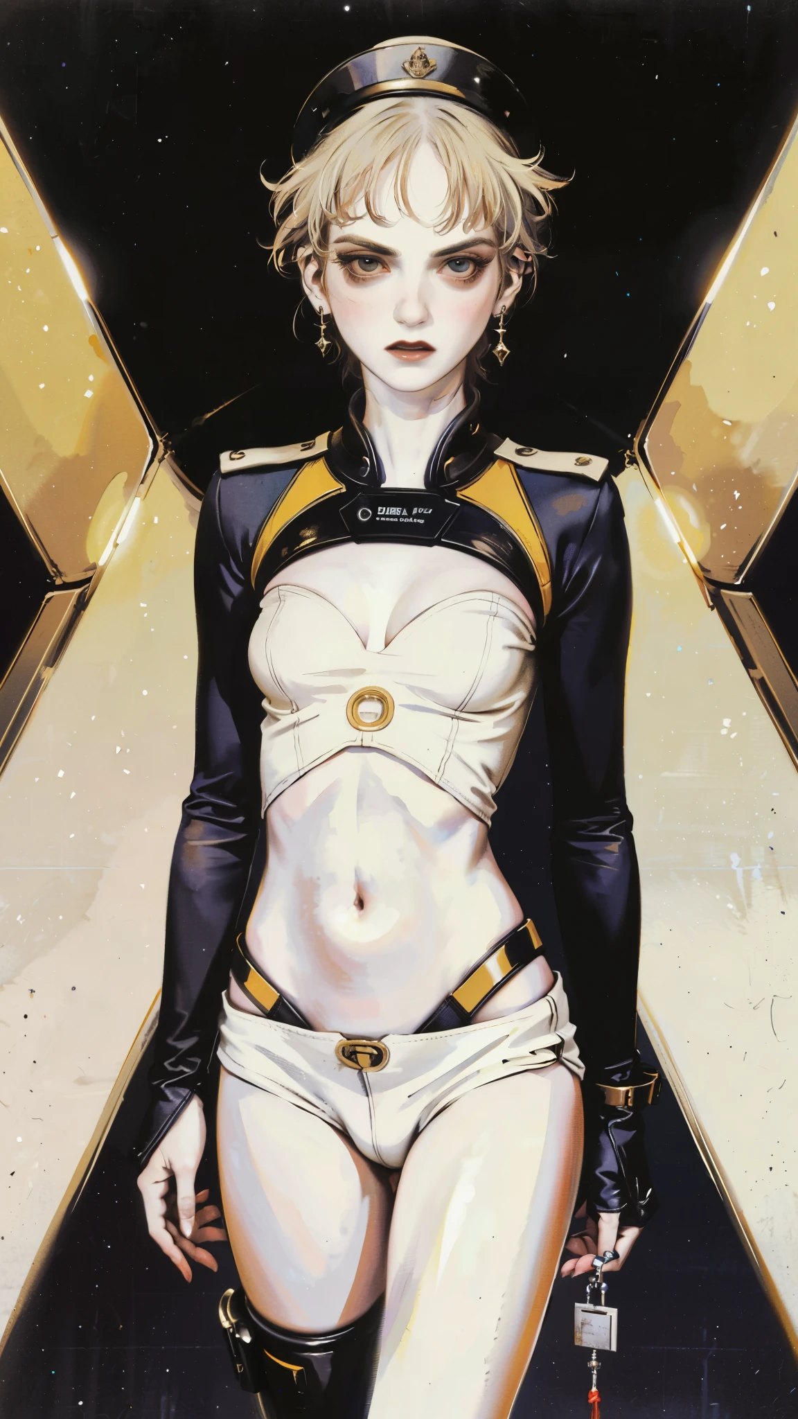 (((Annie Lennox))), (((copper color suit))), (scars), (((bandaged arms))), (((Copper-colored clothes))) ((fur hood)), (((best qualityer: 1.4))), (Unbeatable masterpiece), (hiper HD),(CG 8k hyper-realistic), (((brave face))), (((breasts big))), (((hyper feminine))), sexly girl, black tattoo,(ultra short red hair with white highlights)), ((( sculptural body ))), (((1 Kizi))), Kizi tatuada de 25 anos com perfectbody,,Beautiful and well-groomed face,muscular body:1.2,solid color detailed jacket, (Head to thigh photos), Complex equipment, copper,long pants,Tight clothes are dark,With white stars and off-white stripes,,,,,Armor Metal Electronic Parts, Poison tattoos ) INFO, Kizi, (((standing alone))), pirralha violent, ((())), sexly, pose de atitude, work of art, post-apocalypse, (((manga style))), bounty hunter, violent, Manic, the way you want, slenderbody, thin but strong, perfectbody, roupa moderna, advanced technology, Pleated mini skirt with checkered pattern in red and black, fur collar jacket, sleeves with vertical striped pattern, neutral background, (( cowboy shot )). intricate visual