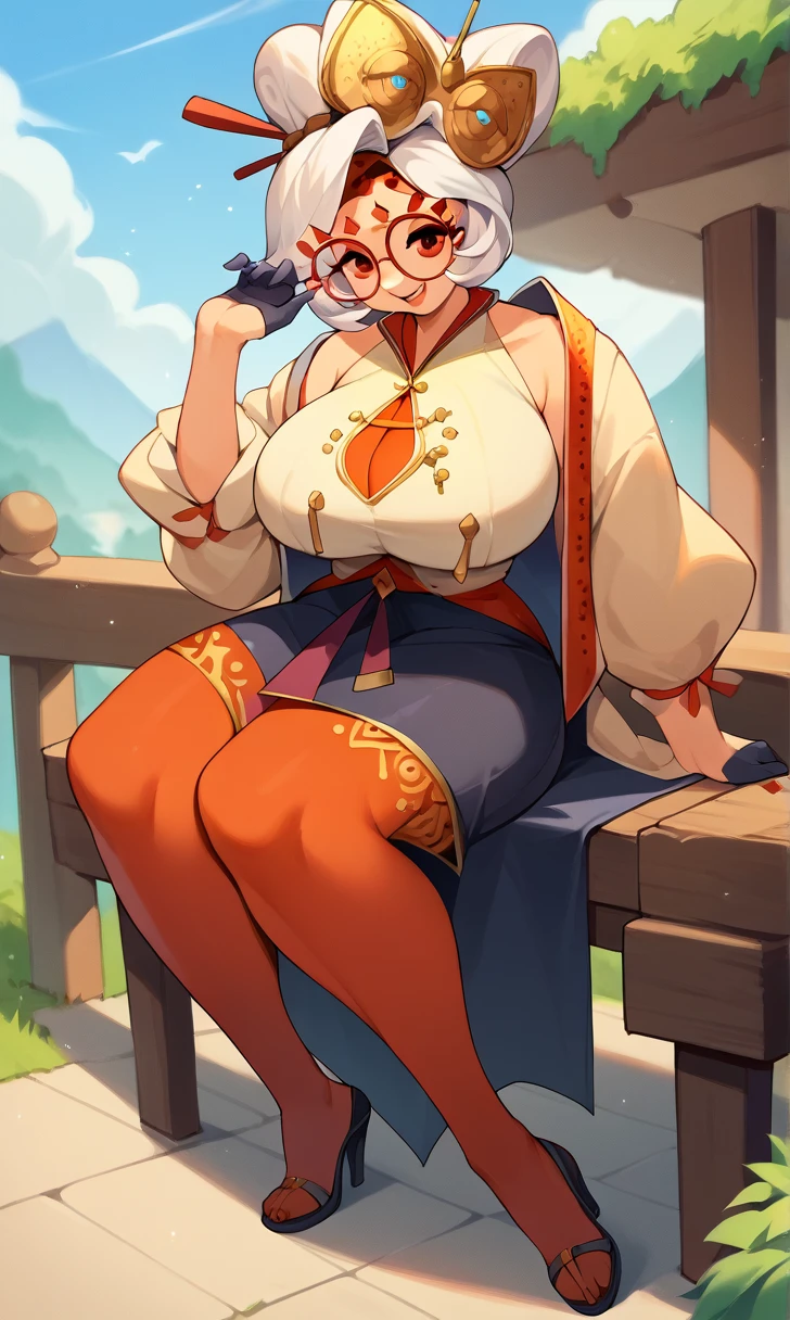 score_9, score_8_up, score_7_up, score_6_up, score_5_up, score_4_up, (source_anime), purah,
1girl,  huge breasts, narrow waist, thick thighs,  hair ornament, red headband, red glasses, sleeveless shirt, white coat, black skirt, red leggings, gloves, high heels, outdoors, happy,