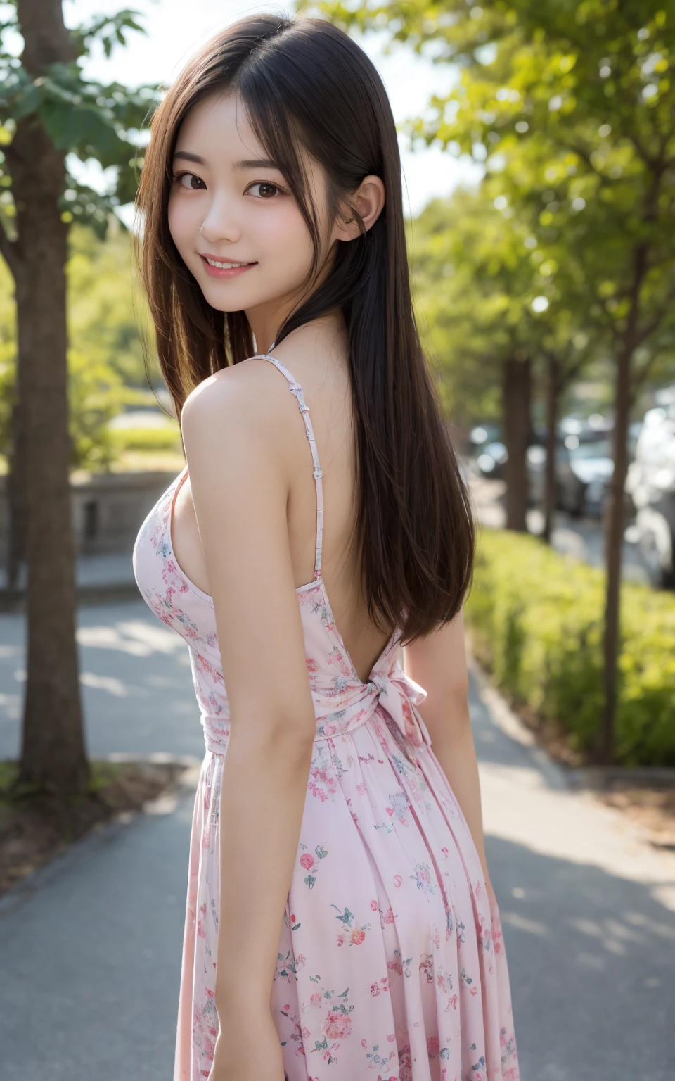 （8k、live-action、Original photo、 best quality、masterpiece：1.2),(Front lighting:1.2),(( perfect lighting )),(濡れたhair),  viewer, Standing Poses, smile,18 years old,student,White skin,knees, small face,前hairを真ん中から分けます、 can be seen on the forehead, skinny,skinny)、masterpiece, best quality、超A high resolution,One person, solo, Closeup Shot、cute、Back to Students,(Princess clothes:1.3),High school student, Japanese woman with a viewing angle of,（フォト real：1.37）、 photon mapping , realistic、cute small face, Brown Eyes 、prospect、 depth of field、 blurry background、 real,(前hairが見える), hair,(Nogizaka Idol), actress、 big, rich breasts、 cleavage、 shows shoulders, Super Fine、7 heads、(Skin with visible pores:1.2)、(Focus on the face)、Natural neck、 check and correct the skeleton 