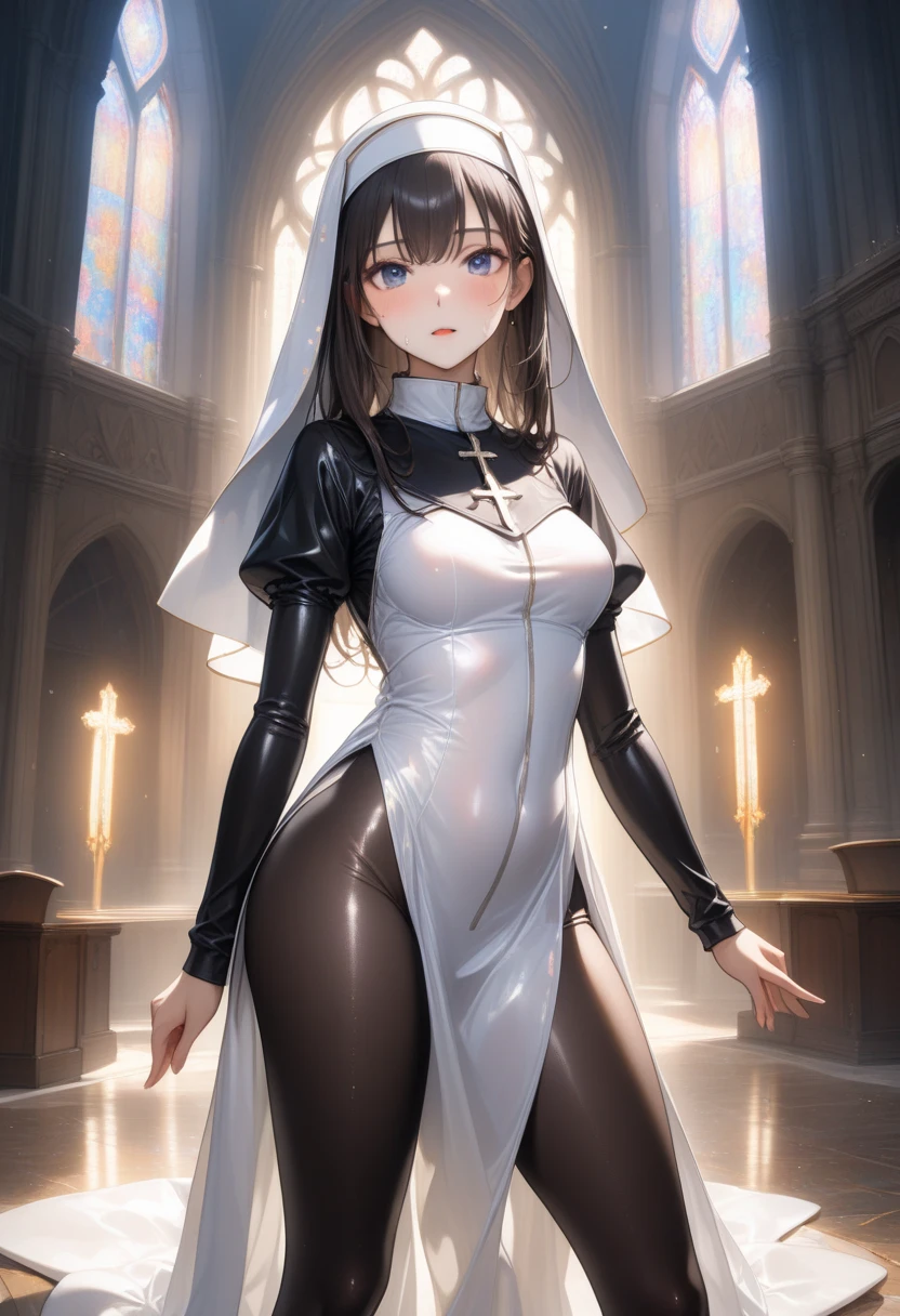 masterpiece,awesome top artist illustration, sexy gravure poses, looking at viewer,1girl, highpriestess wearing black pantyhose bodysuit, latex nun with breast curtain, cross on priest hut, breasts curtain, in church, bokeh, flower petal, large eyes big, cute beautiful eyes, raytracing, global illumination, detailed sharpness, bokeh, glistening clothes, reflective clothes,perfect anatomy, clothes reflecting light, extremely shiny clothes, ultimate quallity, extremely detailed thin line,most fav,highly rating, masterpiece, <lora:sd_xl_dpo_turbo_lora_v1-128dim:0.5>, <lora:sd_xl_offset_example-lora_1.0:0.5>