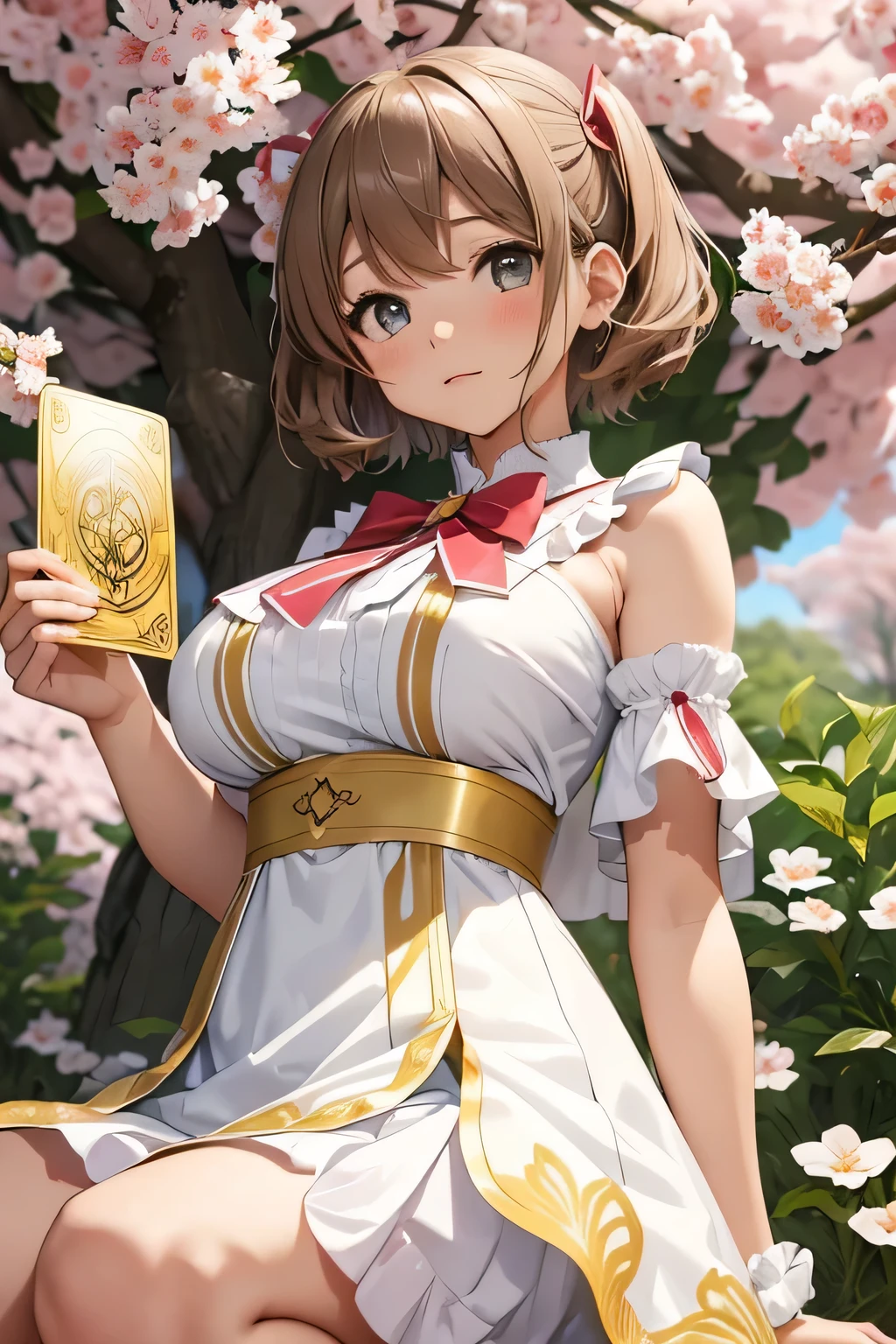 A Sakura girl _Kinomoto, short hair , light brown hair , two small pigtails, blushing, he would be, green eyes, white and gold dress , sexy dress with ruffles , large white and gold skirt , tight dress , pechos muy grandes, big boobs, Milf, tetas gigantes, marked neckline, hot, surrounded by sakura flowers , cloudy background, gray clouds behind her, holding a giant gold tarot card with the printed image of a gold-colored brownie, perfect hands , perfect eyes , best resolution , 8K, hot, sexy, marked neckline, big boobs, Milf,