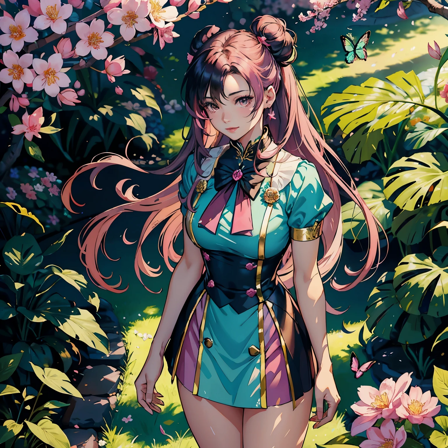 A beautiful Indonesian model with long, flowing hair and vibrant bright pink and green silk school uniform clothes, standing gracefully in a lush garden surrounded by colorful flowers, sakura blossoms, and butterflies. The model has detailed facial features including bright brown eyes, rosy lips, and an enchanting smile. The scene is rendered in a realistic, photorealistic style with acrylic painting medium, high resolution, and masterpiece quality. Additional details include the model's intricate hair accessories, soft pastel-colored shading, and a fairytale-like background, Double hair buns, sailor moon hair style.