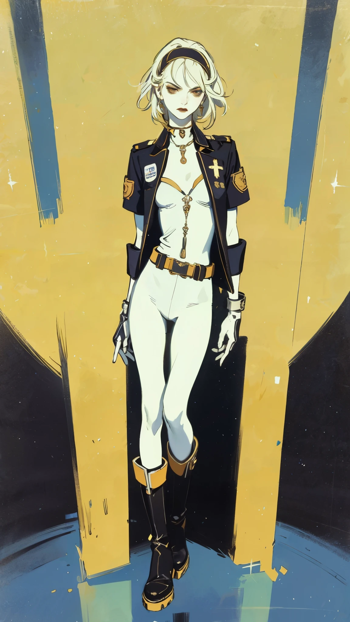 (masterpiece:1.2, best quality:1.2, extremely delicate:1.2), ((Alexandra Daddario:1.2)), a girl with short light golden hair, a metal headband on her forehead, icy gaze, detached expression, smooth and exquisite facial appearance, perfect body, perfect skin, porcelain skin, pale skin, sci-fi military uniform, short sleeves, gloves, short skirt integrated with the outfit, dark fitted pants, knee-high military boots, the color scheme is primarily White with Blue and Yellow accents, surrounded by AR virtual interfaces, standing in a futuristic sci-fi-styled room, this character embodies a finely crafted futuristic sci-fi female officer in anime style, exquisite and mature art style, exquisite photography, Photo realism, photorealistic, even and soft lighting on face, dramatic, high definition, highres, ultra-detailed, ultra-fine painting, professional, perfect body proportions, anatomically correct, symmetrical face, extremely detailed eyes and face, high quality eyes, creativity, RAW photo, UHD, 32k, portrait lighting, Natural light, cinematic lighting, (masterpiece-anatomy-perfect:1.2)