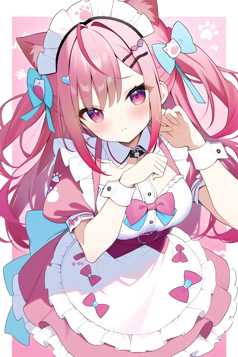 1girl,solo,sakuna,paw pose,pink eyes,Beautiful Eyes,:3,pink hair,animal ears,maid headdress,thigh highs,puffy short sleeves,cat like ears,dress,apron, white apron,long hair,two side up,light blue bow,hair ornament,puffy sleeves,short sleeves,pink dress,wrist cuffs,pink bow,sakuna,sakunaXL,maid headdress,puffy short sleeves,dress,white apron,light blue bow,hair ornament,puffy sleeves,short sleeves,pink dress,wrist cuffs,pink bow,hair ornament,Official Costumes,(masterpiece,best quality,very aesthetic,ultra detailed),intricate details,pink heart background