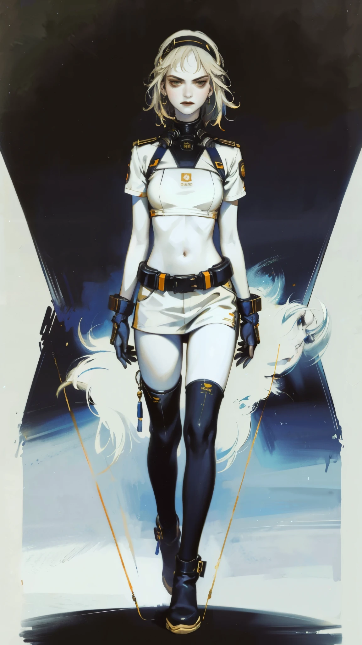 (((Annie Lennox))), ((( transparent suit ))), (((bandaged arms))), ((high collar)), (((Ryuko Matoi))), (((micro skirt with vertical seams))), (((best qualityer: 1.4))), (Unbeatable masterpiece), (hiper HD),(CG 8k hyper-realistic), (((brave face))), (((breasts big))), (((hyper feminine))), sexly girl, Thor,(black bob hair)), ((( sculptural body ))), (((1 Kizi))), Kizi cibernética de 25 anos com perfectbody,,Beautiful and well-groomed face,muscular body:1.2,solid color detailed jacket, (Head to thigh photos), Complex equipment, green dark,long pants,Tight clothes are dark,With white stars and off-white stripes,,,,,Armor Metal Electronic Parts) INFO, Kizi, (((standing alone))), pirralha violent, (((14歳))), sexly, pose de atitude, work of art, post-apocalypse, (((manga style))), bounty hunter, violent, Manic, the way you want, slenderbody, thin but strong, perfectbody, roupa moderna, advanced technology, neon, sleeves with vertical striped pattern, neutral background, (( cowboy shot )). intricate visual