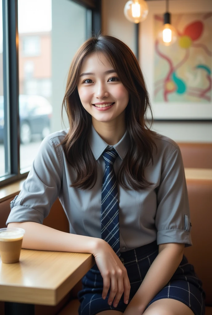 Perfect composition, Proper placement, Golden Ratio, masterpiece,  best quality,  Hi-Res,  one Japanese woman,  big beautiful Japanese woman on neon background, At a stylish famous chain cafe,  Anatomically Correct 5-Finger ,  Prestigious Metropolitan High School Uniforms , Grey dress shirt:1.21, Line pattern tie:1.21,  navy plaid pleated mini skirt in a modern art gallery:1.21,  anatomically correct ratio :1.331,  has a small head :1.331, Slender body:1.331,  thin waist:1.331, Thin limbs:1.331,  flat chest:1.331, Brown Hair,  Long Straight Hair, Anxious face, Movie Lighting, 