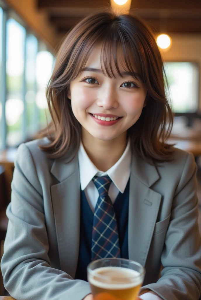 Perfect composition, Proper placement, Golden Ratio, masterpiece,  best quality,  Hi-Res,  one Japanese woman,  big beautiful Japanese woman on neon background, At a stylish famous chain cafe,  Anatomically Correct 5-Finger ,  Prestigious Metropolitan High School Uniforms , Grey dress shirt:1.21, Line pattern tie:1.21,  navy plaid pleated mini skirt in a modern art gallery:1.21,  anatomically correct ratio :1.331,  has a small head :1.331, Slender body:1.331,  thin waist:1.331, Thin limbs:1.331,  flat chest:1.331, Brown Hair,  Long Straight Hair, Anxious face, Movie Lighting, 