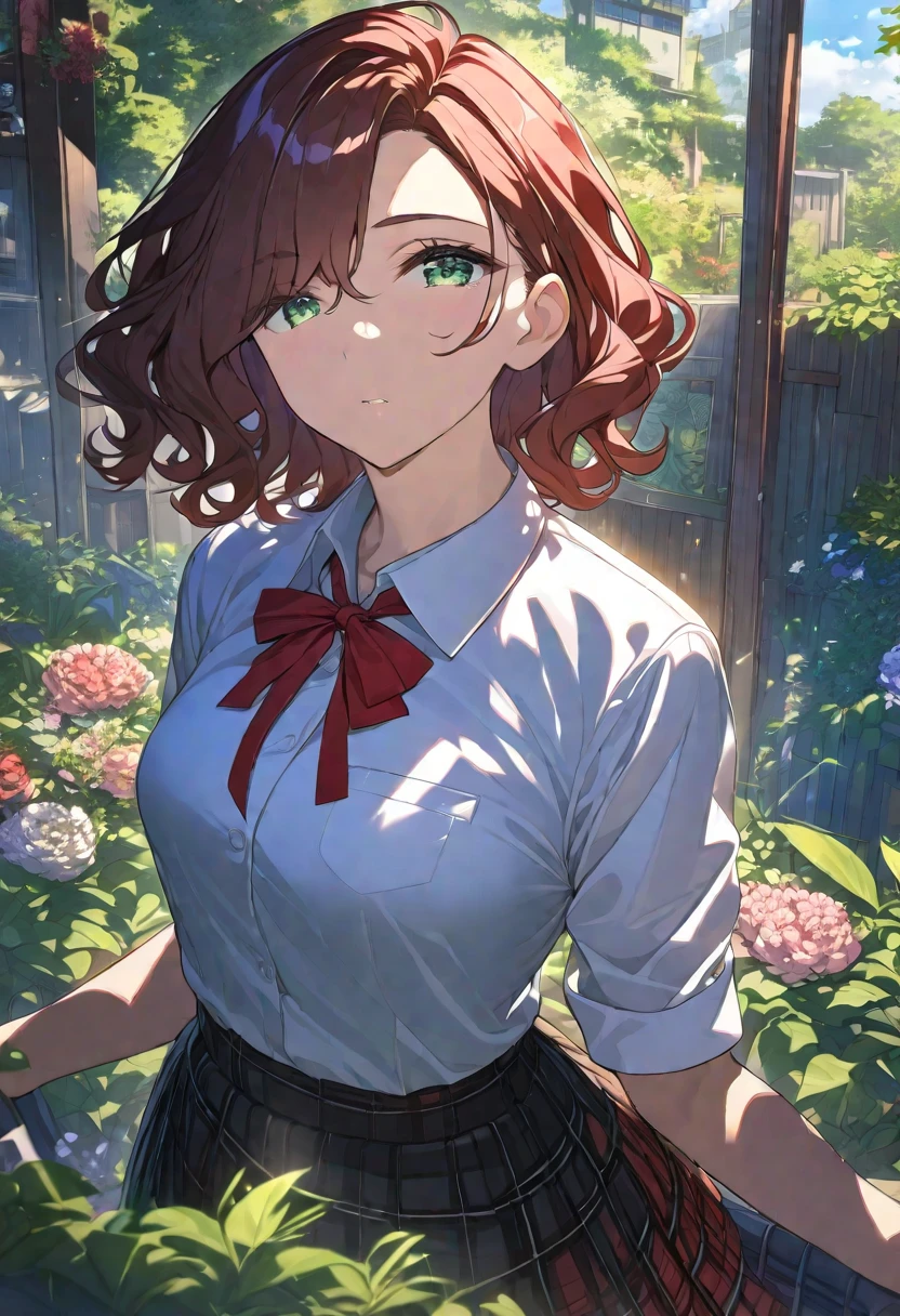 Masterpiece, hdr, bloom, 4k, Anime-style illustration featuring a beautiful female student, madokahiguchi, madoka_higuchi, short hair, dark brown hair, eyebrows hidden by hair, dark green eyes, (small in stature), slightly downturned eyes, large breast, She is wearing a formal school uniform, black blazer, white shirt, red neck ribbon, red plaid skirt, see-through black pantyhose. garden, detailed background, look at viewer