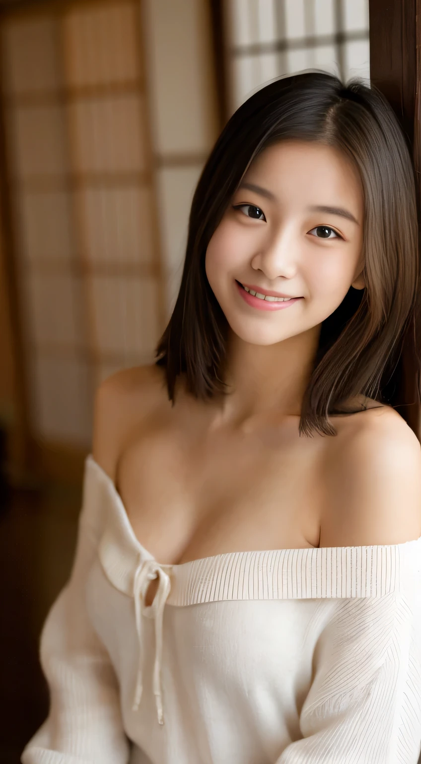 masterpiece,best quality,(Japanese ),((Beautiful girl)),cleavage,indoor,(perfect body beauty:1.2),(shy smile),beautiful teeth,