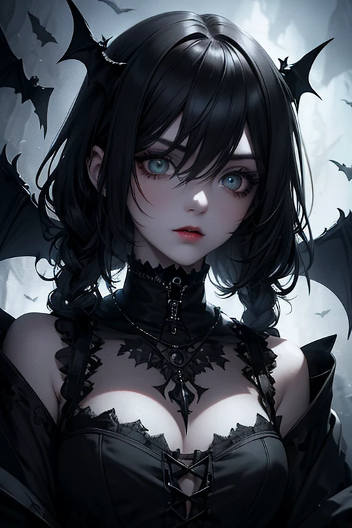 Beautiful anime girl with long black hair with black horns and white halo and black rocker clothes

