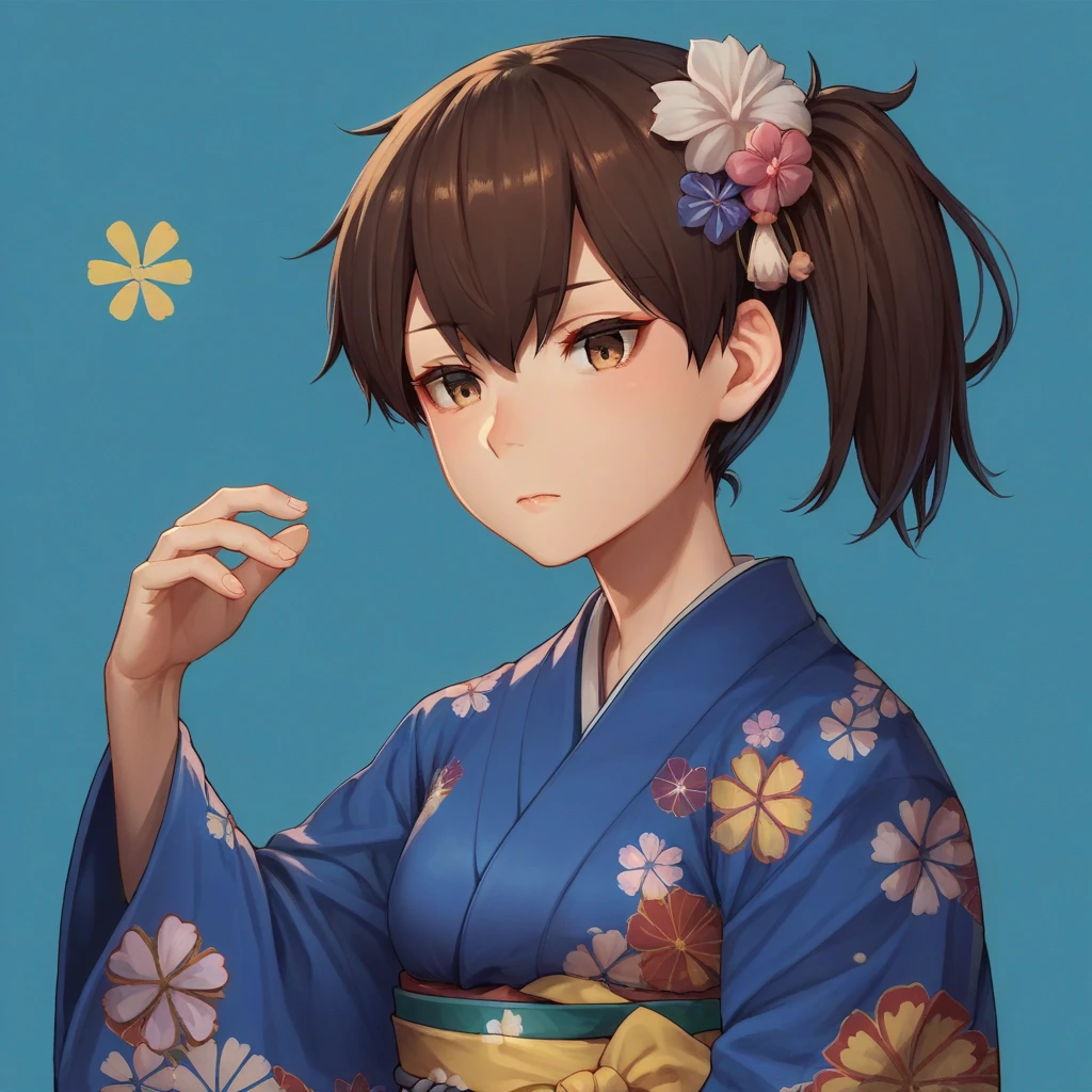 1girl, kaga \(kancolle\), kantai collection, brown eyes, brown hair, side ponytail, blue kimono, print kimono, floral print, hair flower, hair ornament, obi, yellow bow, furisode, wide sleeves, long sleeves,