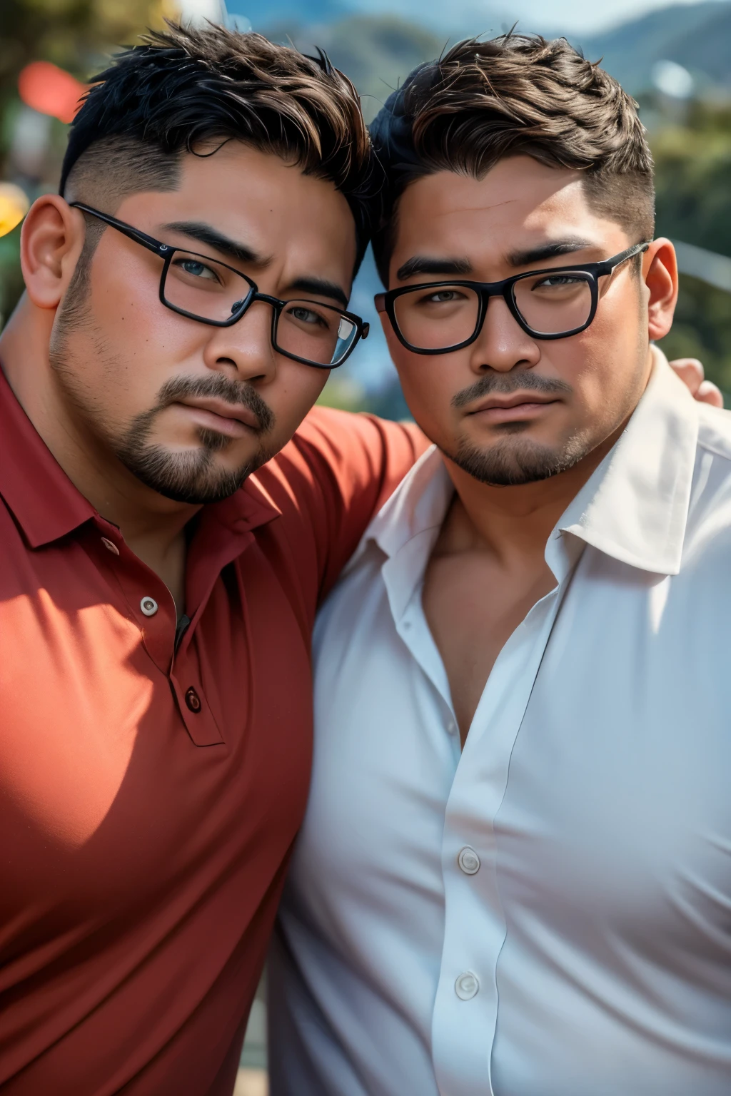 (8k, high definition, high resolution, ultra realistic, masterpiece) two handsome Caucasian obese men beside each other. wearing collared shirt. one of them wearing glasses. Upper body shot. Background: Baguio, Philippines