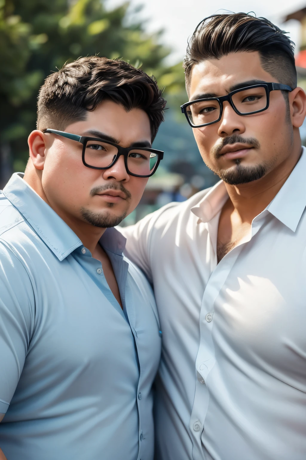 (8k, high definition, high resolution, ultra realistic, masterpiece) two handsome Caucasian obese men beside each other. wearing collared shirt. one of them wearing glasses. Upper body shot. Background: Baguio, Philippines