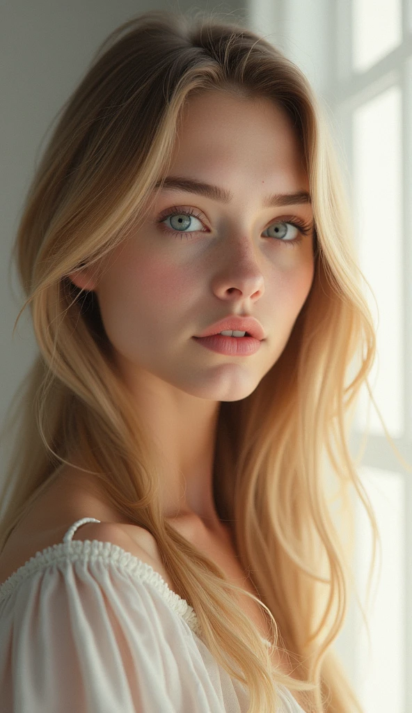 Scandinavian style beauty with long blond hair and blue eyes