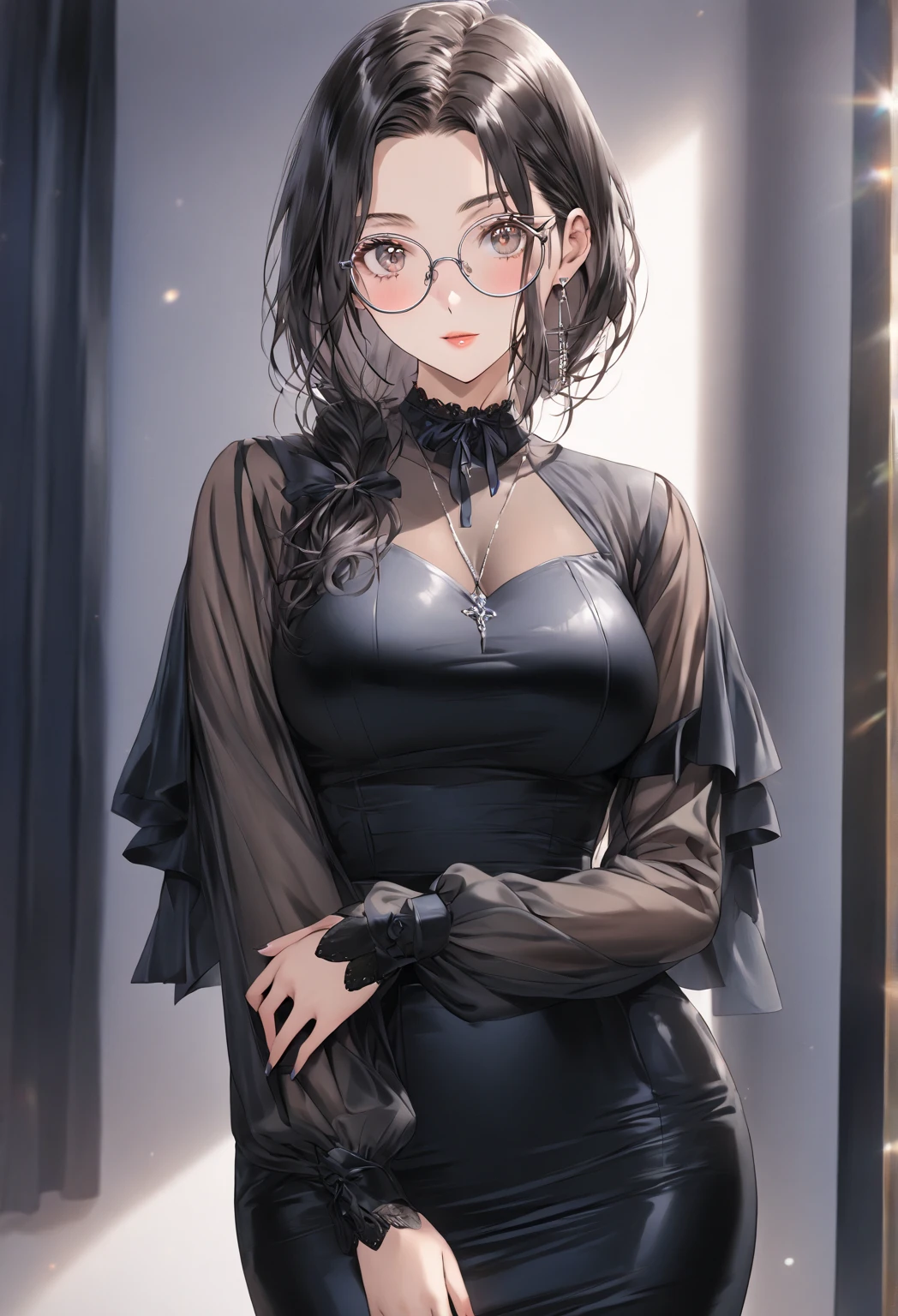 ((highest quality)), ((masterpiece)), (detailed), (front view), (one girl), sexy, shiny skin, glossy skin, height 168cm, bust 120cm, medium size breast, hourglass body, housewife, black hair parted bangs, A mother with warm eyes, Wearing round glasses, Looking at viewer with gentle eyes, wearing a sophisticated, professional high school teacher outfit in a Japanese school setting. She wears a high-neck, tailored blouse in soft white or pastel, made from a flowing, breathable fabric. The blouse has long, billowy sleeves that taper gently at the wrists, adding a touch of elegance without being overly formal. Paired with a sleek, knee-length pencil skirt in dark gray or navy, which fits her perfectly and gives a flattering silhouette. She wears soft, sheer black tights and simple, closed-toe heels that add height without sacrificing comfort. The fabric is slightly translucent in the sunlight.