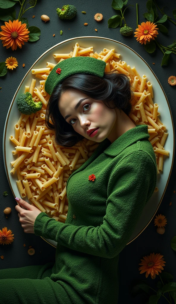 Oil on chapped canvas image, soft colorst, melancholy atmsphere. Combination of styles by Catrin Welz-Stein, Nicoletta Ceccoli. 
not featured image of a Young woman, black hair, hairstyle like that of Princess Leia from Star Wars, black dress with dandelion flowers. is standing at the counter of her weird animal butcher shop, holding a large knife. On the counter, hearts, lungs, pieces of meat, with legs and arms and head shaped like onions. On the walls hung heads of pigs, geese, cows, sheep smiling.