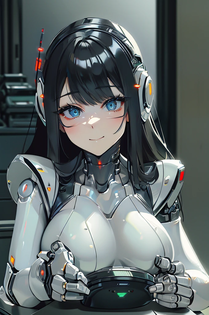 (masterpiece),(Highest quality),(Super detailed),(Best illustrations),(Best Shadow),(Absurd),(Detailed Background),(so beautiful), 16K, 8K, 4K,(Best Shadow),robotization,woman ,big bust,Robot Joint ,Metal skin,Black robot Suit,long hair,a black robot suit that covers the whole body,robot hand,cyber bodysuit,mecha head,(Detailed hands and fingers:1.2),Ball joint robot body,doll joint,beautiful face,beautiful robot girl,robotic eye,robotic hands,(no more human skin),android girl,cyborg girl,F cup, sexy body,(machine made joints:1.2),(machanical limbs:1.1),(blood vessels connected to tubes),(mechanical vertebra attaching to back),(mechanical cervial attaching to neck),no messy picture style,no emotion,tech control,black robot suit,maintenance,smile,robot nurse