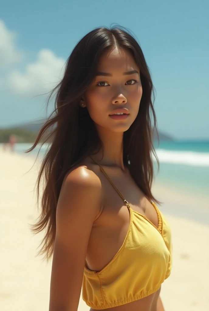 8K, ultra-realistic, hyper-realistic, photorealistic, masterpiece, ultra-detailed, natural lighting, HDR, professional rendering, sharp focus, true-to-life colors, textured surfaces: Create an image of an alone, confident 2 Filipina woman with an hourglass body shape, slightly curvy, standing at 5'4". She has fair skin, long and thick hair, and a small heart-shaped face with subtle cheekbones and a rounded chin. Her nose is delicate, pointy, and . She is standing on a sandy beach with a coconut tree visible in the background, bathed in soft natural afternoon light. She is wearing a stylish and form-fitting yoga outfit with a skanky design that accentuates her curves. The outfit is both flattering and fashionable. The camera captures a close-up shot of her as she performs a yoga Tree pose, focusing on her face and upper body while she looks confidently at the camera. Her expression is serene and focused, embodying a peaceful and strong presence. The afternoon sunlight casts warm, dappled shadows, enhancing the tranquil and picturesque beach setting.