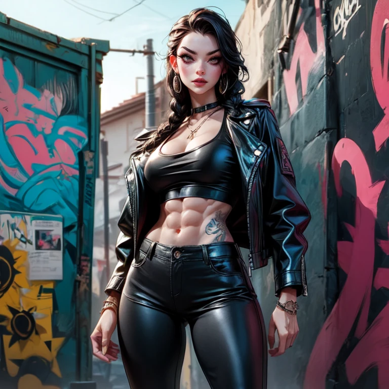 (masterpiece), (extremely intricate:1.3), (realistic), female, 19 years old, ((([small breasts:large breasts:0.8], long curly [dark hair:bright ginger hair:0.7], solo, 1girl, (smiling black lipstick, (bodybuilder, abdominals, cyberpunk street))))), metal reflections, outdoor, intense sunlight, golden hour, professional photograph of a stunning girl detailed, sharp focus, dramatic, award winning, cinematic lighting, volumetrics dtx, (film grain, blurry background, blurry foreground, bokeh, depth of field, interaction), 8K, ((smirking, (green eyes, dark eye makeup))), ((body tattoo: 1.2)), ((fujicolor, god rays)) BREAK; BREAK (((black leather jacket, leather pants, loose white t-shirt), hyperrealistic, absurdres))