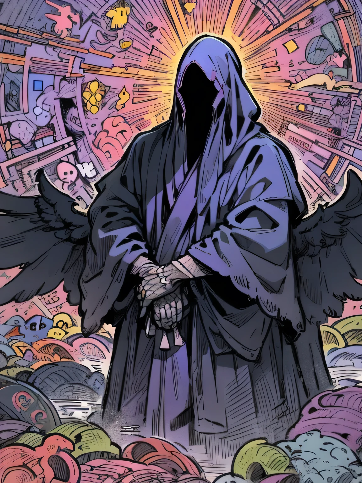 Conference, round table, all Nazgul,indian style,looking at viewer,close up face,missing link,(Nazgul:1.3),(geometric pattern purple robe),fruits、machine wings,Small continent 、joy、 I am the protagonist、 protomedusa、Snakes get tangled 、ghost、(manga style),(sketch),(illustration),
