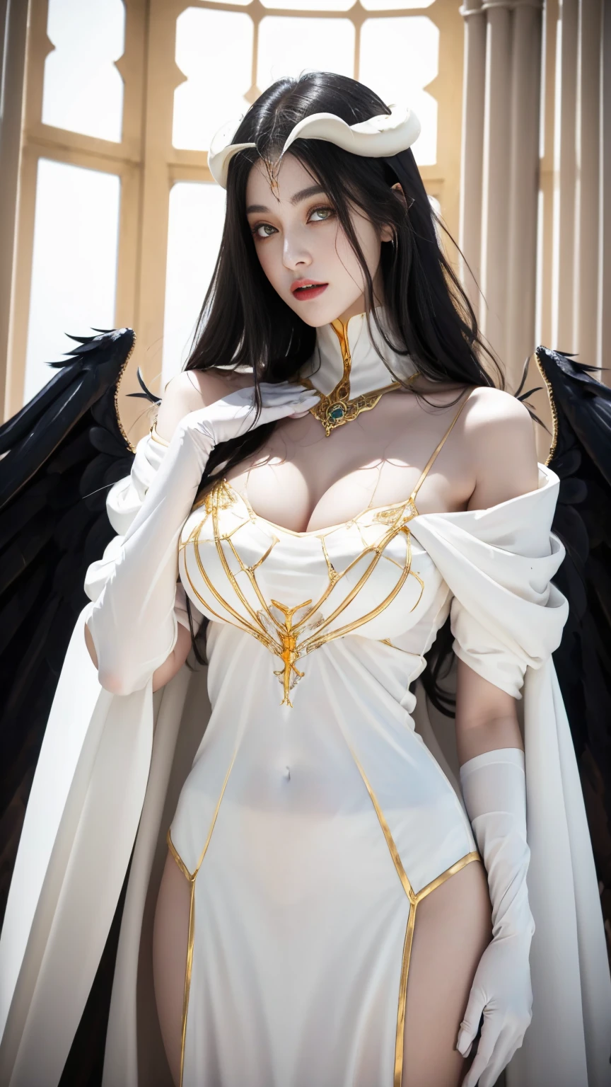 photo of a iom girl, Albedo from Nazarick, best highres, best highest quallity, illustration, cinematic light, ultra detailed, detailed face, sweet face, (detailed eyes:1.05), (realistic eyes:1.05), anime girl, best quality, hyper detailed, beautiful masterpiece, masterpiece, (detailed_face), highest details, luminous_eyes, medium breats, beautiful niples, an impeccable beauty, white clothes, lustrous jet-black hair and the face of a goddess, orange irises and vertically split pupils; on her left and right temples are two thick horns protruding crookedly, and on her waist are a pair of black angel wings, a pure white dress with silky gloves covering her slender hands and a golden spiderweb necklace that covers her shoulders and chest