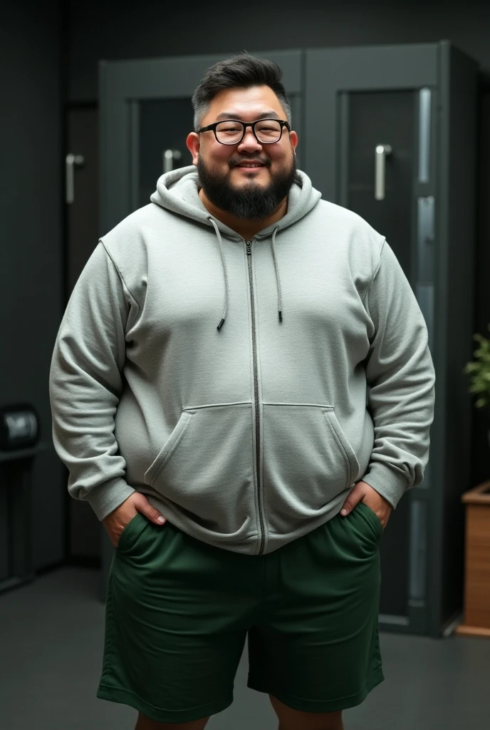 A man with a beard and glasses,black hair wearing a sweatshirt and panties 
