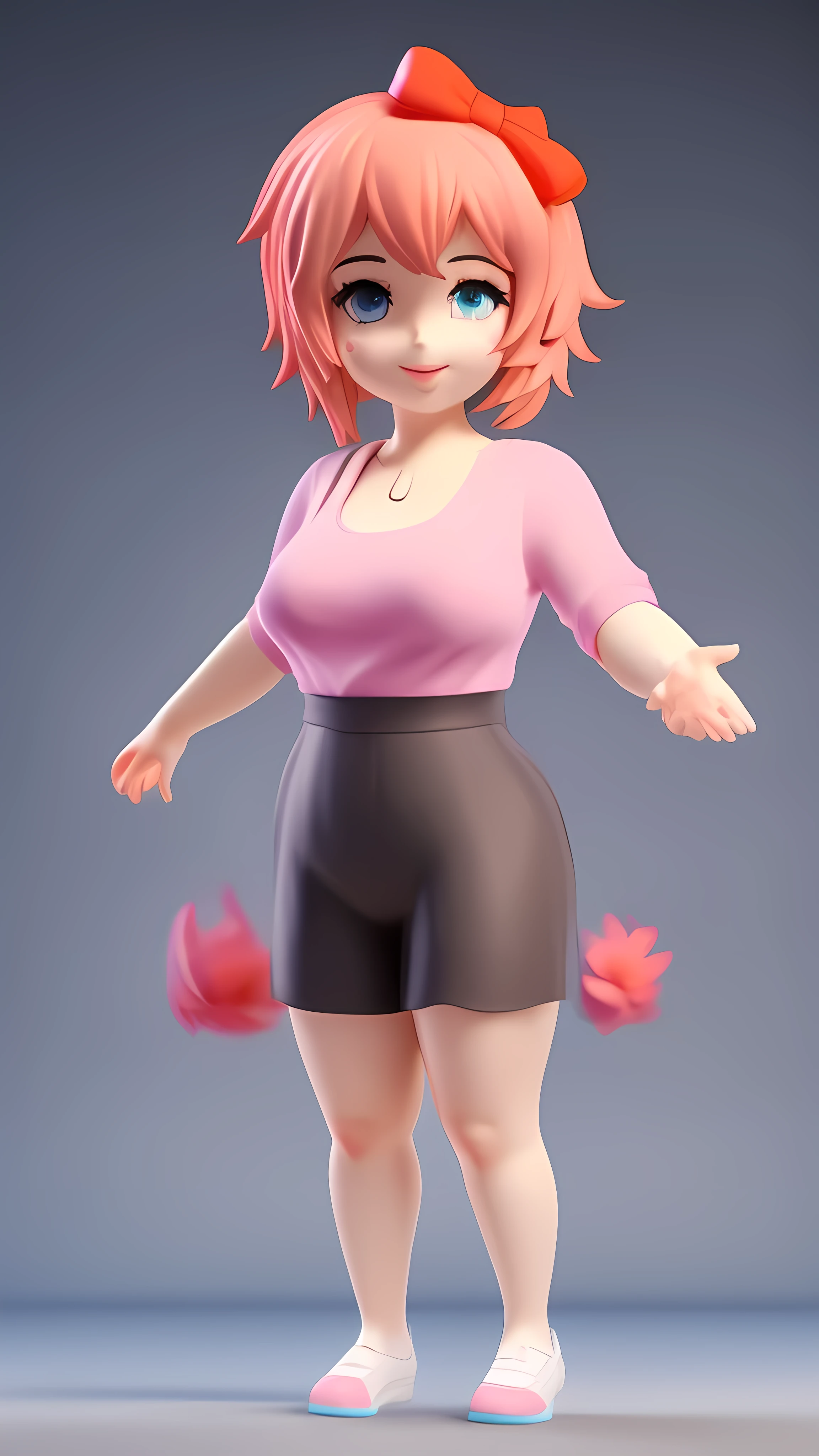  a girl being the character :  Sayori from the game ddlc , chibbi, chubby, fly away,  very large bust and hips, fly away,  smiling with the jersey  /  short Brazilian blouse ,  iron scene . HD, full screen, high quality 8k , 3d, detailed