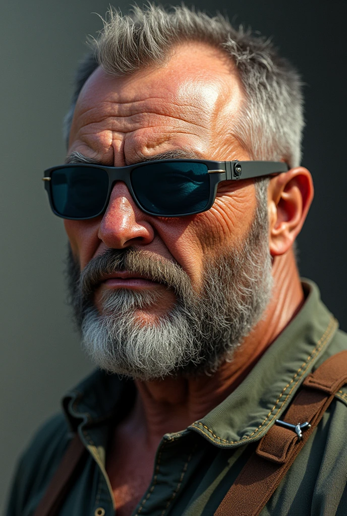 "Capture an 8K, hyperrealistic portrait of a man around 50 years old. He has very short military-style fade haircut, with a rugged beard that gives off a lumberjack vibe. His piercing green eyes gaze directly at the viewer. The very realistic scene shows the man from the chest up, revealing his very realistic heavily hairy chest and the top of his stomach, showcasing a chubby physique. He is shirtless against a deep black background, with a clear, bright studio lighting effect illuminating evenly across his face and body. The image should focus on the intricate details of his facial features, very realistic beard texture, and chest hair, very realistic beard, very realistic detailed neck, very realistic lips, rendered in the hiperrealista style. Drawing inspiration from Greg Rutkowski's photography, maintain a high level of realism while highlighting the man's rugged and natural appearance."