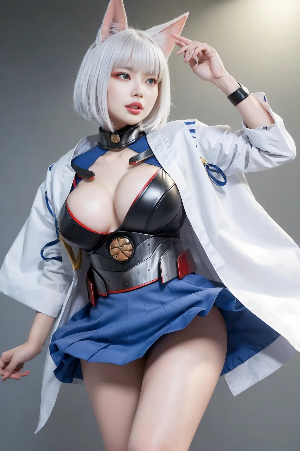 masterpiece, best quality, 16K, uhd, very high resolution, (realistic:1.45), RAW photos, (reality _ realistic 원시 사진), (whole body),  standing, Natural Pose, professional photography, official art,  Kaga _ \(azur lane \),  1 girl, Kaga _ costume play , Kaga _ cosplay, 흰  여우 귀 와 여우 tail를 하다,  white colored hair, white short hair, beautiful face, eye , nose , mouth , 붉은 색 mouth술 , shiny mouth술, 매우 realistic인 피부 결 , White skin,shiny,  perfect proportions의 몸매, slim and beautiful body, perfect pretty hands, finger, perfect proportions , beautiful long legs, Kimono in white and blue colors, blue short skirt,  흰색 으로 벚꽃  무늬가 그려진 blue short skirt, eye  쌓인 숲속 산책, high heel, 검은 색 eye, animal ears, white fox ears,  down,  흰 동물 down, tail, 흰 색 여우 tail, (다중 tail:1.2), smile, Round big, round big ass, afternoon , (At noon), light , realistic light, realistic 질감 있는 피부 , super detail,  CG 16K wallpaper, 