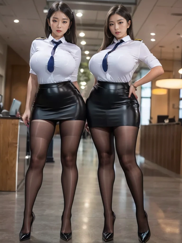  great quality, 16k,  Hi-Res, (Composition away from the subject), ( full body photo from face to ankle ), ( perfect anatomy:1.6), (Super cute face:1.2), All 24 years old , 3 beautiful secretaries facing us in front of the reception desk ,  and standing in a sexy pose emphasizing their legs,  beautiful secretaries wear tight mini skirt OL suits and black pantyhose , ( shirts, tight , and 3 women wearing black pantyhose:1.2), (Shooting indoors), (Black pantyhose that shine like oil ), Thick Soled High Heel Pumps ,  Simple OL suits are tight  are very short , ( legs that always wear black pantyhose ), (Very wide thighs:1.6), (Extremely wide balloons:1.4), (Very long legs:1.4), ( the tight short miniskirt is matte black ), (Plump legs), ( they always wear black pantyhose ),  thin waist, (All the  are very short:1.6), (Big Tits),  huge breasts,  cleavage,  (Super cute face), Blonde, Full body shot of 3 women wearing long hair , Looking down here,  perfect face, Perfect Legs, Perfect Arms, ( the thickness of black pantyhose is uniform ), 