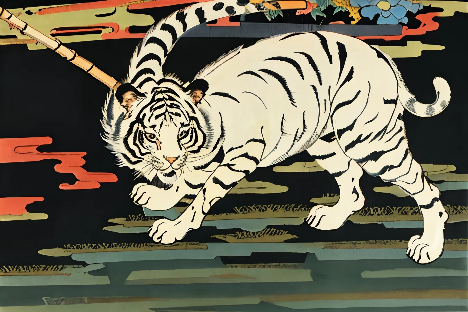 extreme quality, Ukiyo-e, Utagawa Kuniyoshi, byakko-tai, white tiger,
blizzard, bamboo, HDR, UHD, 8K,