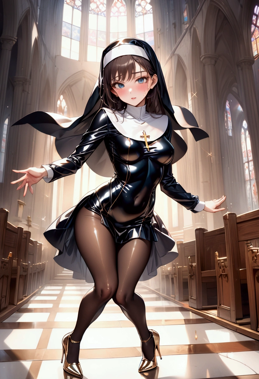 (Evil smile), (((Grim Reaper Costume, Leather panties, skirt, Pantyhose, Stiletto heels))), ((Shiny Costumes)), ((skindentation)), skinny, solo, 1 woman, Masterpiece, highest quality, highest quality, 16K, incredibly absurd, highly detailed, 2.5D, ai-generated, delicate and dynamic, very delicate facial expressions, delicate eye depiction, erotic, only sexy woman, ((A cute and kind face)), healthy figure, ((1 woman)), 160cm tall, medium firm swaying bust, Dark Hair, blush, Sweat,Embarrassed,sexy, ((thin thighs)), shiny and lustrous, facing straight at viewer, (((in heat))), ((Oily_skin)), ((Lots of sweat)), ((dutch angle)), ((erotic pose)), (((Dynamic Pose))), ((Transparent and sparkling costume)), ((Inside the church chapel)),