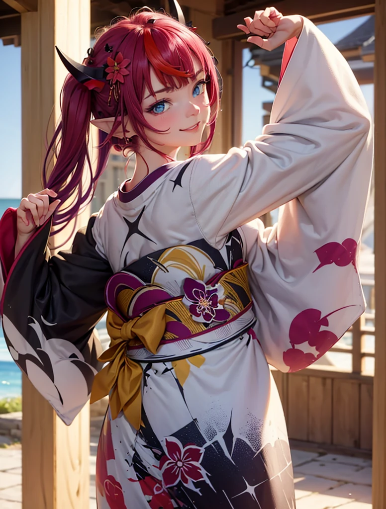 IrysNewYears, heterochromia, twintails, hair flower, print kimono, wide sleeves, obi, smirk smile, looking at viewer, dancing, fashion model pose, looking at viewer