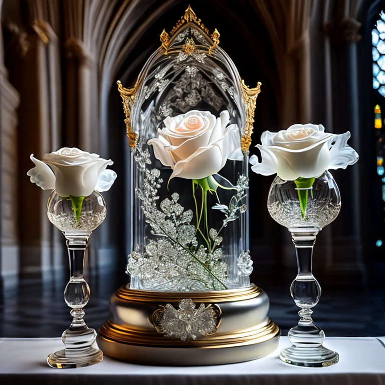 Clear roses made of the highest quality glass、Clear Glass Vase 、elements of gothic architecture、Delicate Pen Style 、beautiful、 Professional Photographer's Lighting 、Intricate petals、beautiful色、Faint lighting、 Decorated on the Palace Altar 