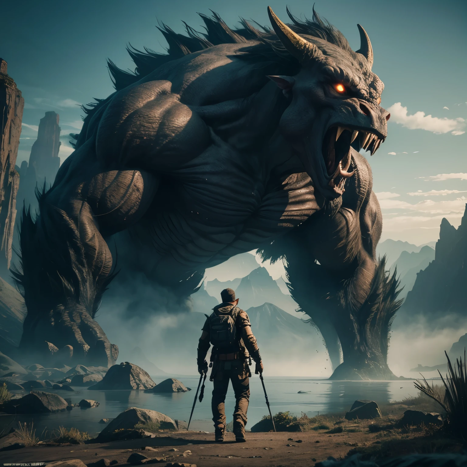 A very detailed painting，Depicts a man on a hill gazing at a giant alien monster, author：Shinkai Makoto, By Art Jem, From Wlop, author：Greg Rutkowski, Volumetric Lighting, Octane Rendering, 4K resolution, Popular on artstation, masterpiece 