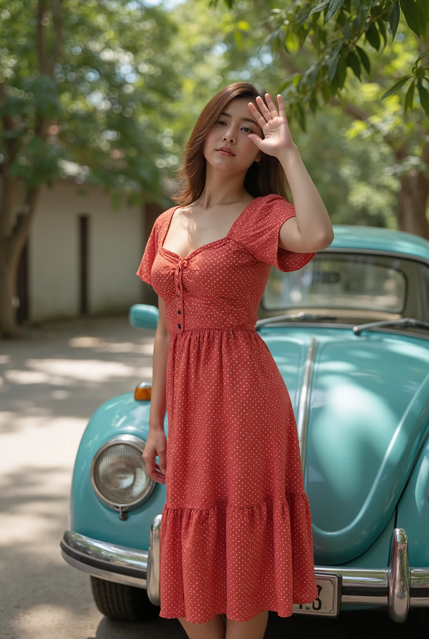 Lighting Conditions: The lighting is bright and natural, likely from the midday sun, casting clear shadows and highlights. Sunlight filters through the surrounding trees, creating dappled patterns on the ground and the car. 
Model's Posture: Thai woman 35years old, is standing beside a teal vintage car, leaning slightly against it. She has one hand raised to shield her eyes from the sun, suggesting she is looking into the distance. Her posture is casual and relaxed. She is wearing a red vintage-style dress with white polka dots, adding a touch of classic charm to the scene. The overall look is casual yet nostalgic, fitting seamlessly with the outdoor, natural setting. 
Background: The background is village. The teal vintage car adds a nostalgic element, and the combination of nature with the classic car creates a serene and picturesque atmosphere.
