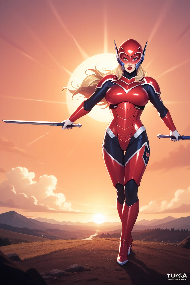  lyrics, 8K ultra HD, A beautiful blonde woman silhouette of a goddess with the coast at sunset, eyes hidden under the helmet ,  red lips,  well-defined mouth without distortions, red full body armor, power ranger helmet color red ,  the coast at dusk should serve as a backdrop ,  with its details incorporated in the goddess , sharp lines, The background is monochrome,  sharp focus, double exposure, By Yukisakura,  impressive full color 