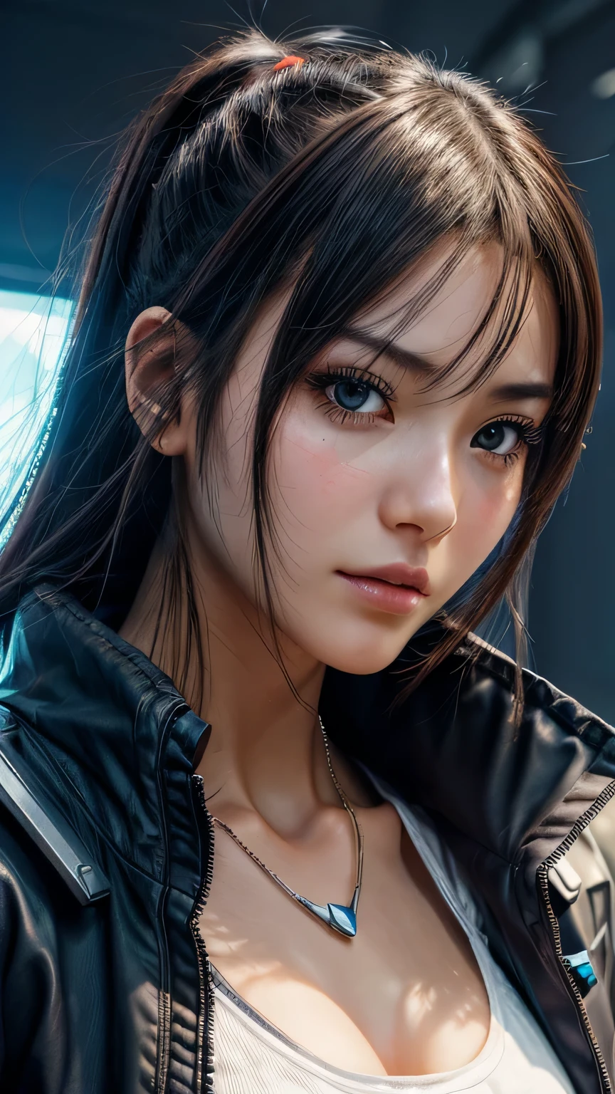 dressed, (photo realistic:1.4), (hyper realistic:1.4), (realistic:1.3), (smoother lighting:1.05), (increase cinematic lighting quality:0.9),. 32K, 1girl,20yo girl, realistic lighting, backlight, light on face, ray trace, (brightening light:1. 2), (increase image quality:1.4), (highest quality realistic textured skin:1.4), finely drawn eyes, finely drawn face, finely textured eyes, (tired, sleepy and satisfied:0.0), close-up of face, shirt with large cleavage visible, (enhance atmosphere of body lines:1.1), (beautiful textured skin:1.1)