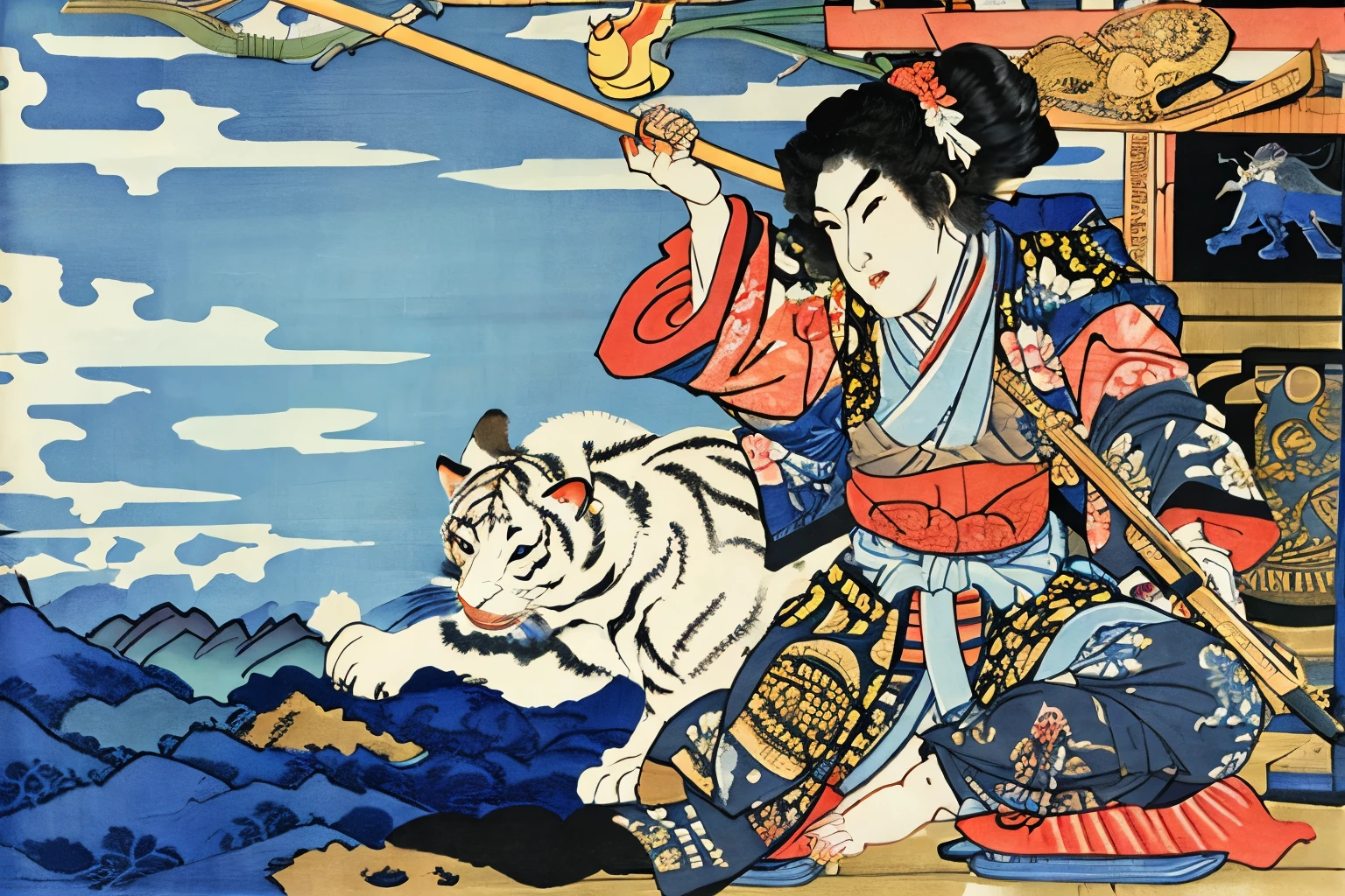 extreme quality, Ukiyo-e, Utagawa Kuniyoshi, byakko-tai, white tiger,
blizzard, bamboo, HDR, UHD, 8K,