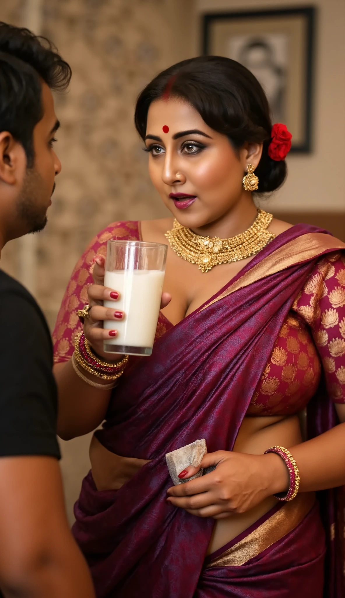 In a sumptuous, traditional indoor setting, the South Asian woman stands near the 20yo boy, radiating an aura of irresistible seduction. Dressed in a maroon sari with intricate gold embroidery, the fabric hugs her voluptuous curves, accentuating her thick body and hourglass shape. Every movement she makes is purposeful, drawing attention to her big breasts and wide hips. Her gold jewelry—necklace, bangles, and nose ring—shines with elegance, further enhancing her regal presence.

Her updo hairstyle, adorned with a red flower and gold hairpin, perfectly frames her face, which is defined by bold, smoky eyes and long curled lashes. Her cat-like gaze is both intense and luring, pulling in anyone who dares to meet her eyes. Her lips curl into a teasing smile, playful and provocative, as she slowly lifts a glass of milk to her lips.

As the 20yo boy watches, she takes a deliberate sip, her eyes never leaving his. She swirls the milk around in the glass for a moment, savoring the smooth texture, her full lips parting slightly as she drinks, the sensuality of the act amplified by the intimacy of the moment. Her gaze deepens, the air thick with the sensual tension between them, as she leans slightly toward him, offering him a knowing, teasing smile. The milk, white and smooth, contrasts with the deep red of her sari and the gold accents of her jewelry, a visual feast of elegance and indulgence.

With a playful glint in her eye, she places the glass down and encourages him to drink more, though this time her seductive cheering takes on a new intensity, as she herself savors the milk with slow, deliberate movements. Her body language oozes confidence, as if she’s fully in control of the situation, coaxing the 20yo boy with both her charm and her actions.

The 20yo boy, dressed in a black t shirt, remains captivated, his hand still resting on her shoulder, but his focus is entirely on her. The room is bathed in warm lighting, and the ornate wallpaper with subtle beige a