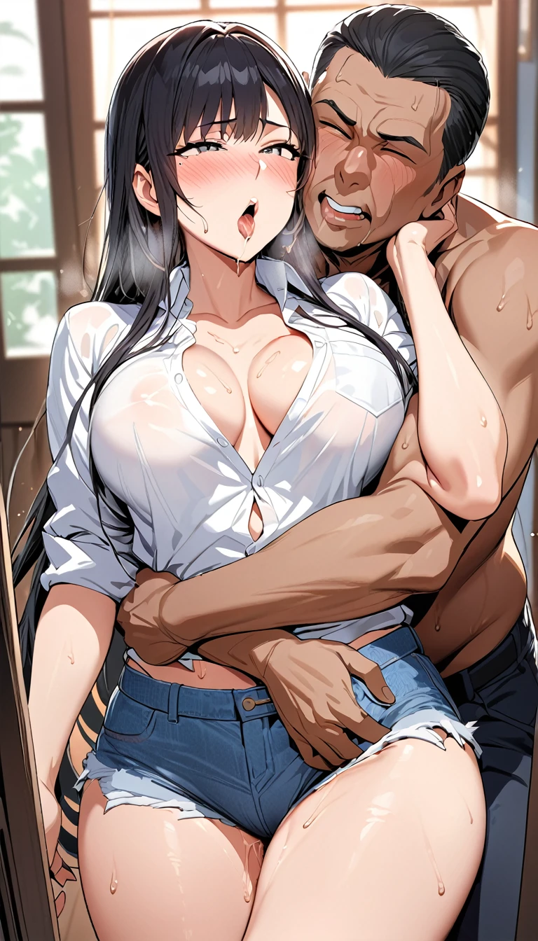 nsfw,1scene,from front,cnc,High quality,Ultra-high resolution,High-definition illustrations,Masterpiece,extremely detailed,highres,detail mouth,Mature hetero sexual couple,bewitching woman,(married sexy milf is glossy lips and geezer perv is lust hentai),(black heir),eyes rolled back, drooling, flushed cheeks, intense expression,Fishnet stocking,denim shorts,unbuttoned shirt,home entrance,intense climax,1 geezer stalker,(((hug from behind))),((A man puts his hand in my pants)),molestation,(Deep Kiss: 1.4)), (((Forced kiss,))),((sexual harassment)),saliva,sweat,Medium breasts,seductive,beautyfull curvy,mole under eye,blush,netorare falling,Sloppy look,