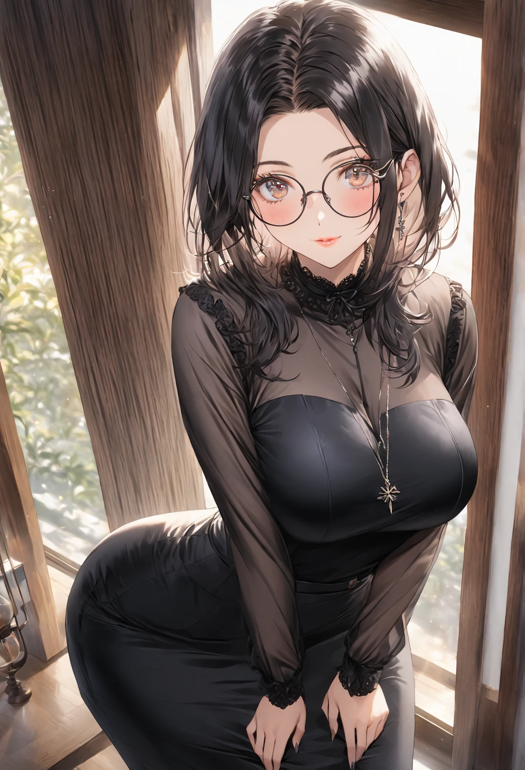 ((highest quality)), ((masterpiece)), (detailed), (front view), (one girl), sexy, shiny skin, glossy skin, height 168cm, bust 120cm, medium size breast, hourglass body, housewife, black hair parted bangs, A mother with warm eyes, Wearing round glasses, Looking at viewer with gentle eyes, wearing a sophisticated, professional high school teacher outfit in a Japanese school setting. She wears a high-neck, tailored blouse in soft white, made from a flowing, breathable fabric. The blouse has long, billowy sleeves that taper gently at the wrists, adding a touch of elegance without being overly formal. Paired with a sleek, knee-length pencil skirt in white, which fits her perfectly and gives a flattering silhouette. She wears soft, sheer black tights and simple, closed-toe heels that add height without sacrificing comfort. The fabric is slightly translucent in the sunlight.