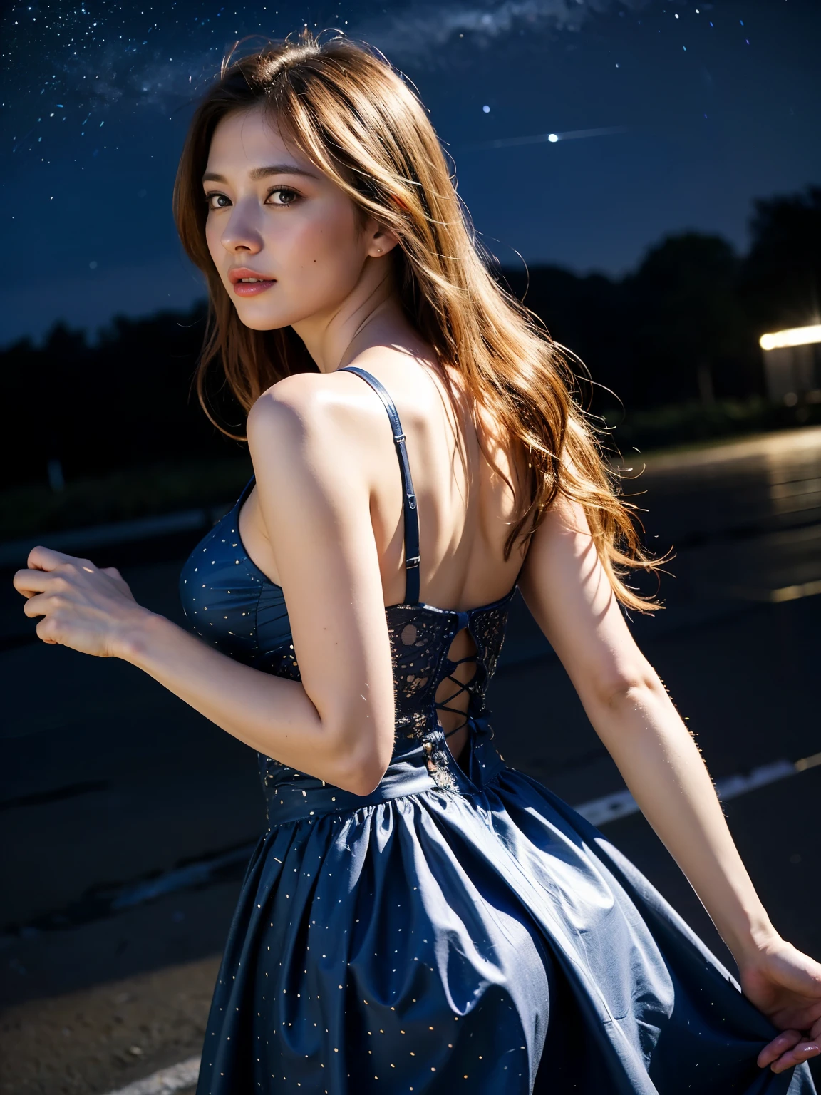 ((masterpiece, highest quality, Best image quality, High resolution, Realistic, RAW Photos, 8k)), ((Highly detailed CG synthesis 8k wallpaper)), Dancing in the starry sky, View from behind, (blue glowing), Shining blue in the dark night, Fluttering summer dress,